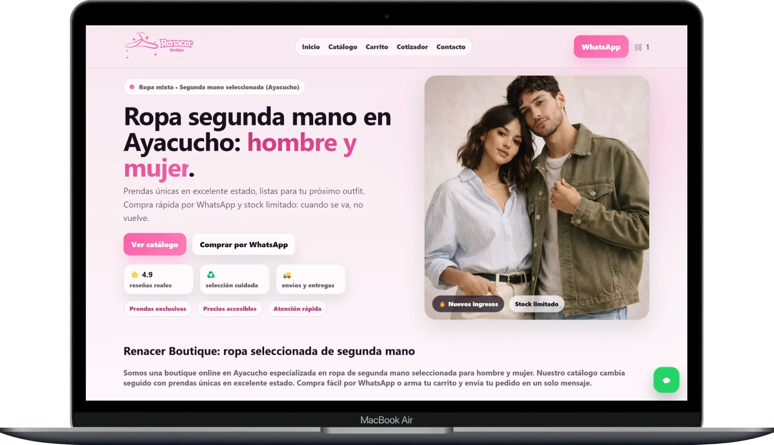 pagina web profesional desarrollada para Renacer Boutique de Ayacucho por agencia de diseño web en Perú