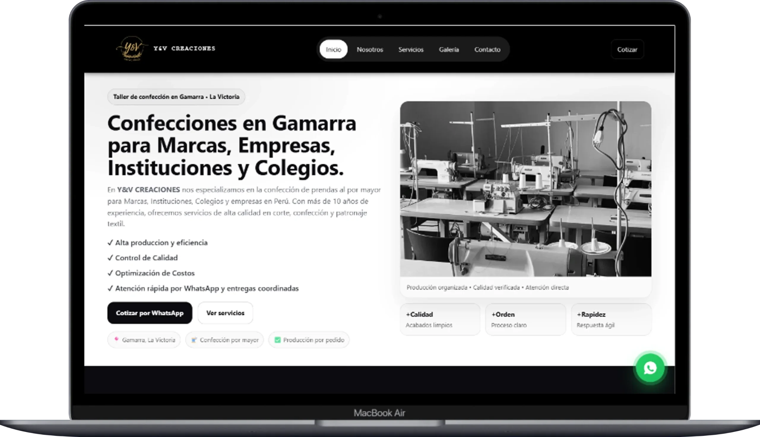pagina web profesional desarrollada para yv creaciones de Gamarra por agencia de diseño web en Perú